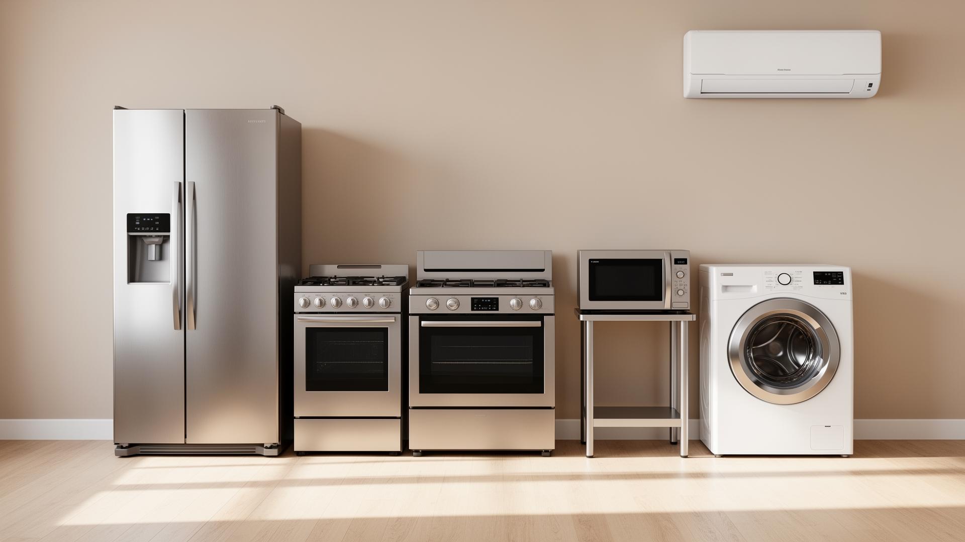 Modern home appliances — refrigerator, oven, microwave, washing machine and AC